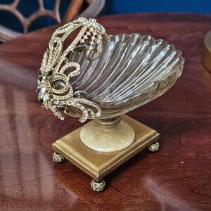 RARE JAY STRONGWATER BLUSH SCROLL CRYSTAL ENAMEL VANITY BATH DISH JEWELRY TRAY